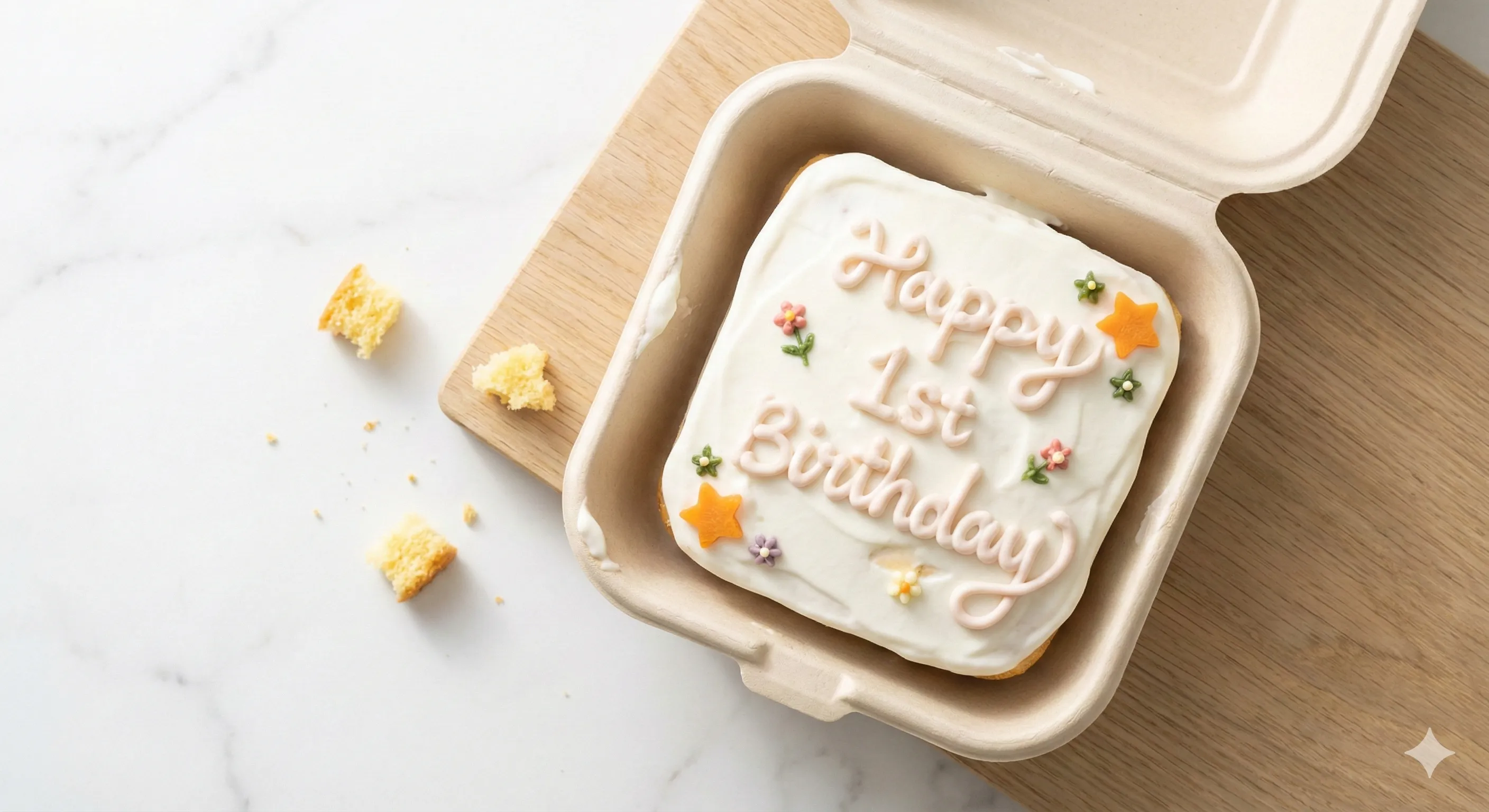 A minimalist bento box dog cake with 'Happy 1st Birthday' written in dog-safe yogurt icing, aesthetic cafe style, top-down view, 4k