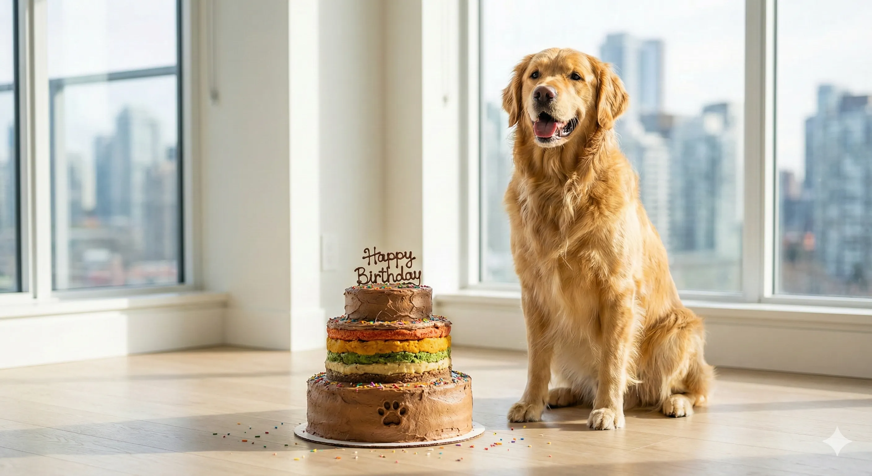 A happy Golden Retriever sitting next to a colorful, tiered dog-safe cake with 'Happy Birthday' written in carob frosting, bright Vancouver apartment background, 4k, natural lighting.