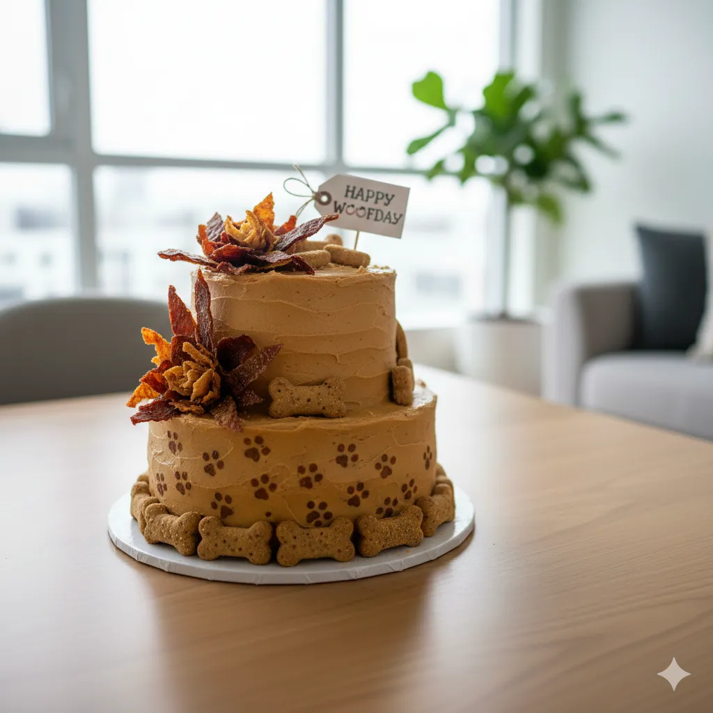 A high-end, two-tier dog birthday cake with peanut butter frosting and grain-free biscuits on top, placed on a modern wooden table in a bright Vancouver apartment, 4k, professional food photography.