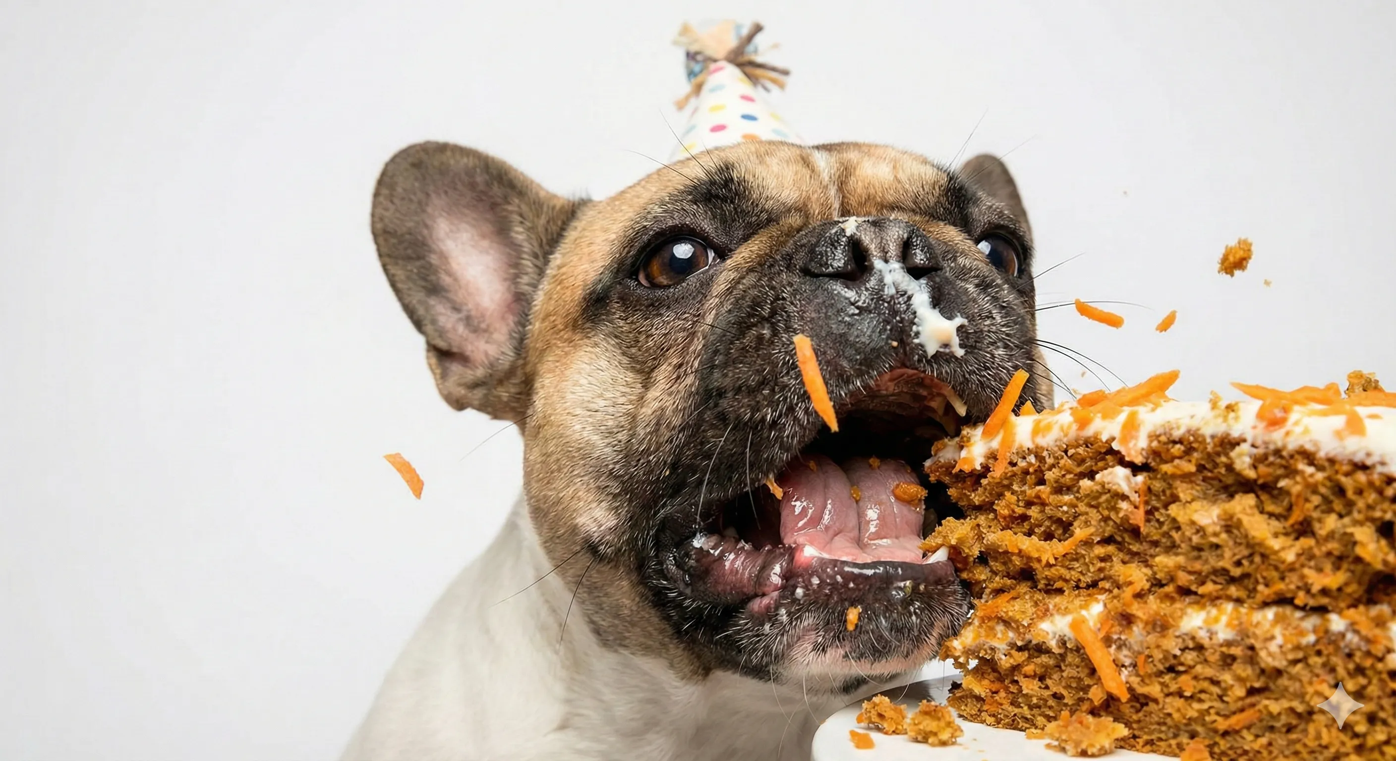 A close-up action shot of a French Bulldog happily taking a bite of a slice of dog-friendly cake. The cake has a carrot texture. The dog is wearing a small birthday hat. Bright, colorful, celebratory atmosphere.