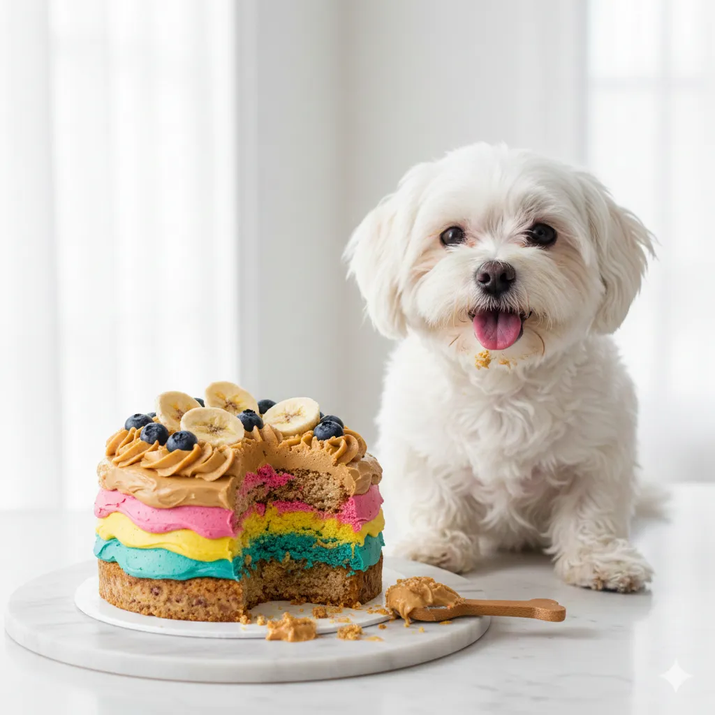 A happy Golden Retriever sitting next to a colorful dog friendly smash cake with peanut butter frosting, soft studio lighting, high resolution, 4k