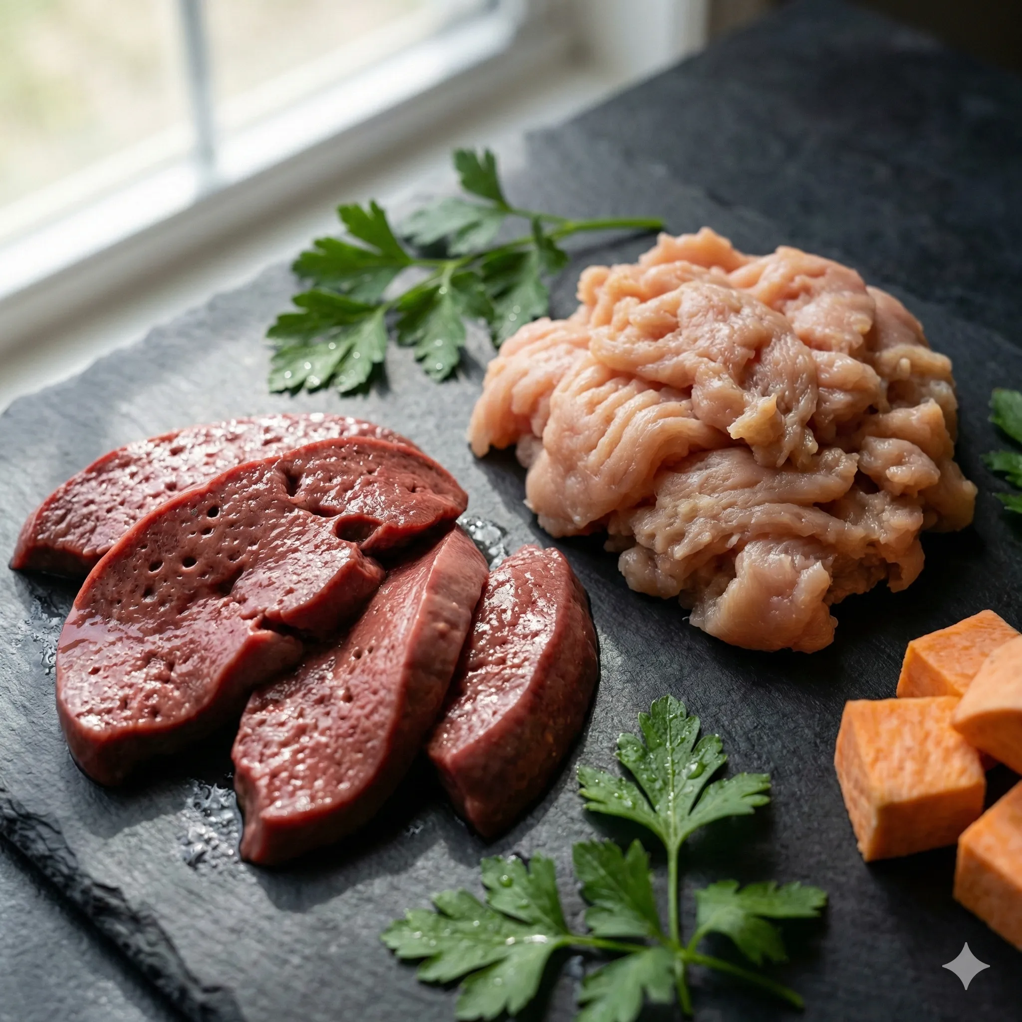 Flat lay photography of fresh raw dog food ingredients on a slate countertop, including sliced raw beef liver, ground chicken breast, fresh parsley sprigs, and cubed sweet potato, studio lighting, sharp focus, 4k.