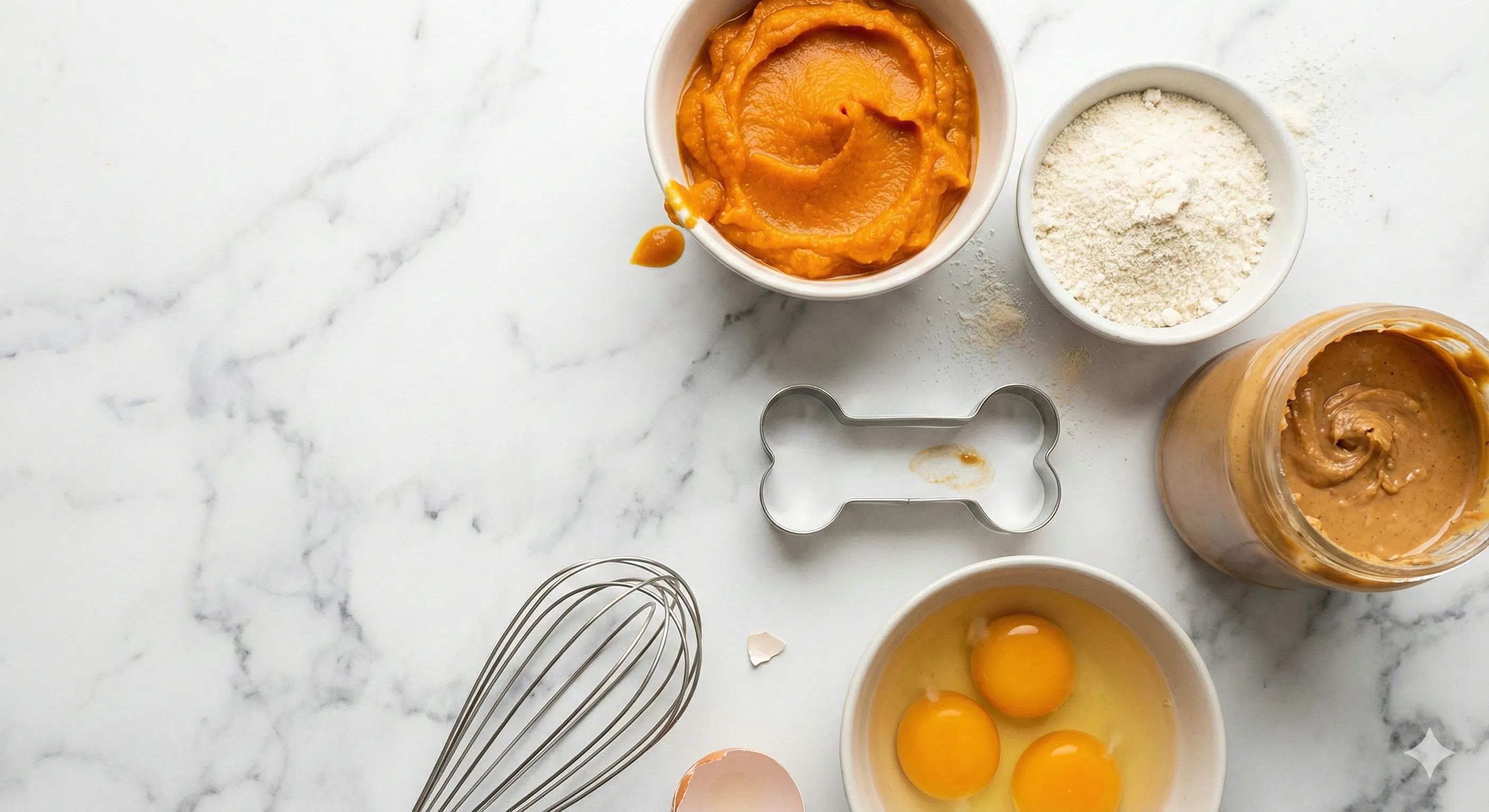 Flat lay photography of dog cake ingredients on a marble countertop. Bowls containing pumpkin puree, coconut flour, eggs, and a jar of natural peanut butter. A whisk and a bone-shaped cookie cutter are also visible. Clean, minimalist aesthetic.