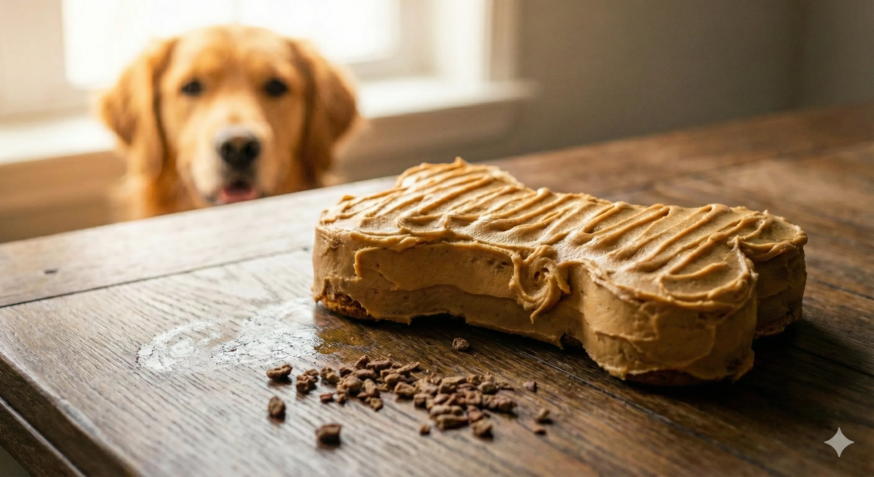 A high-quality, professional photo of a beautifully decorated dog birthday cake sitting on a wooden table. The cake is bone-shaped with peanut butter frosting. In the blurred background, a golden retriever looks at the cake excitedly. Soft natural lighting, 4k resolution.