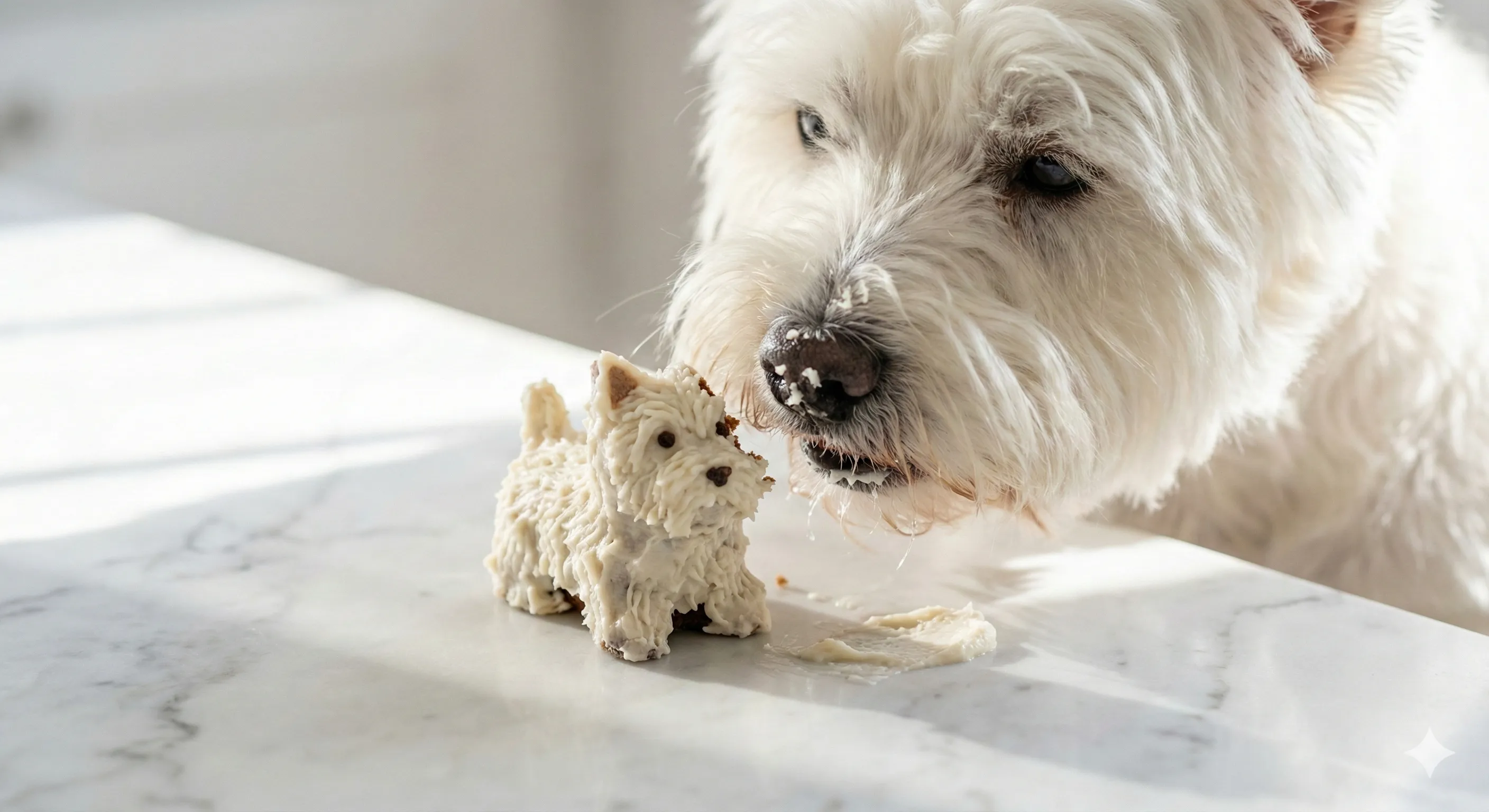 A golden retriever sitting patiently behind a beautifully decorated, two-tier dog cake with blue yogurt frosting and its name written in carob. High resolution, bright natural lighting, modern Vancouver apartment background.