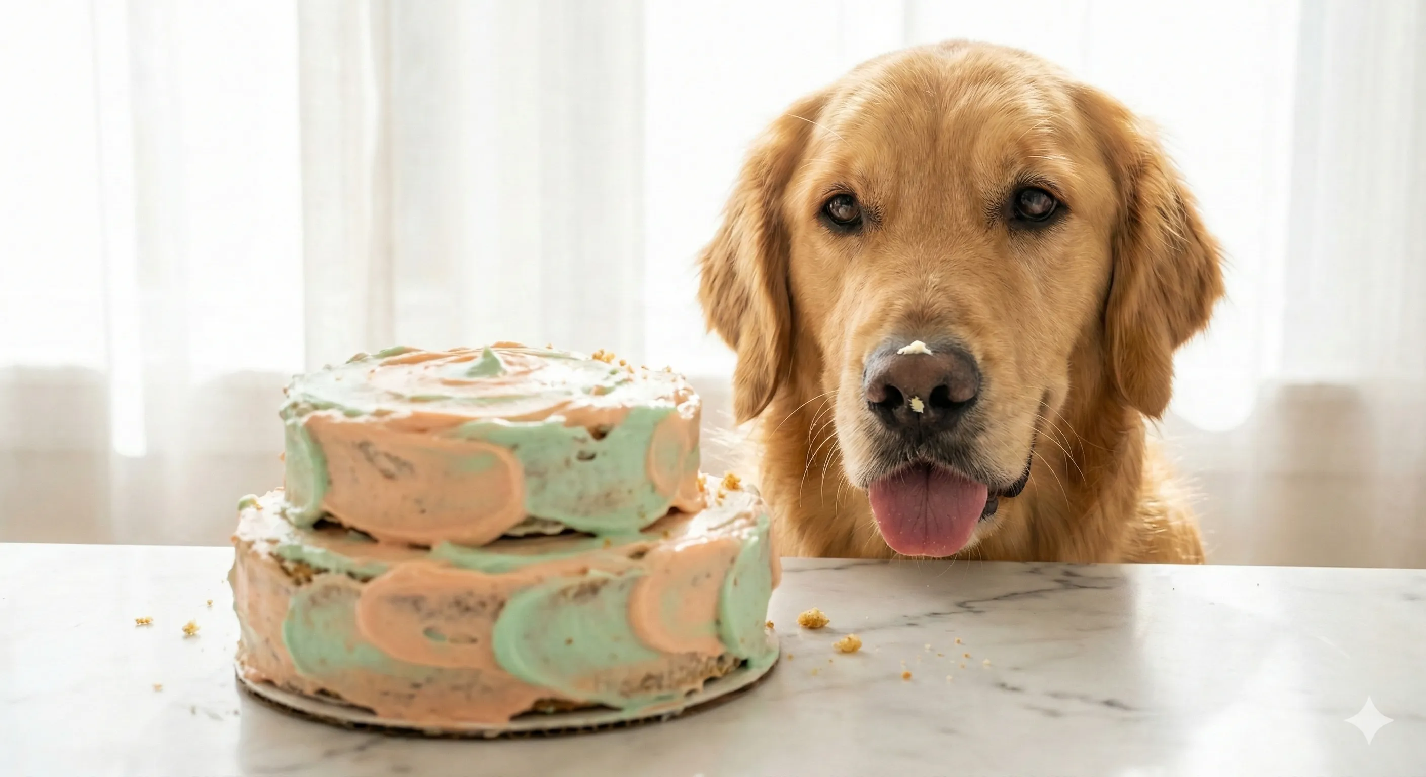 A happy Golden Retriever wearing a blue party hat, sitting in front of a small cake with a single candle, mid-lick, soft bokeh background of a living room, warm and joyful atmosphere, high resolution.