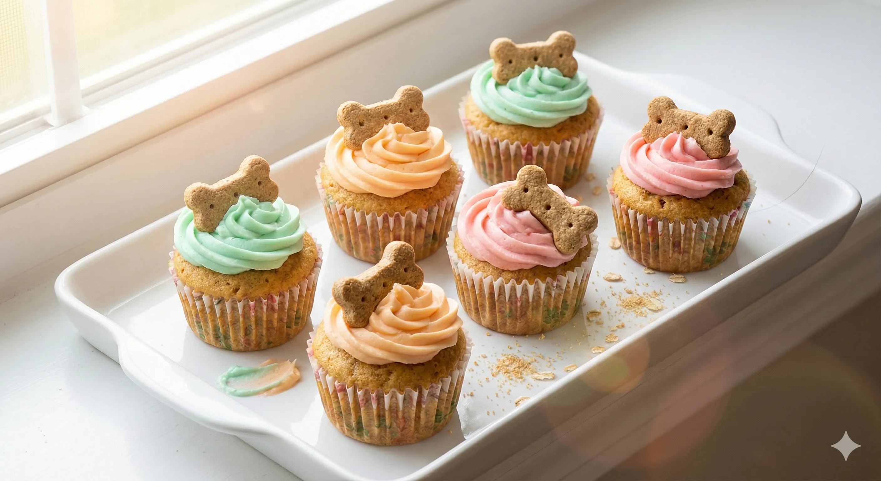 A tray of six individual dog cupcakes topped with bone-shaped biscuits, vibrant colors, shallow depth of field, professional food photography