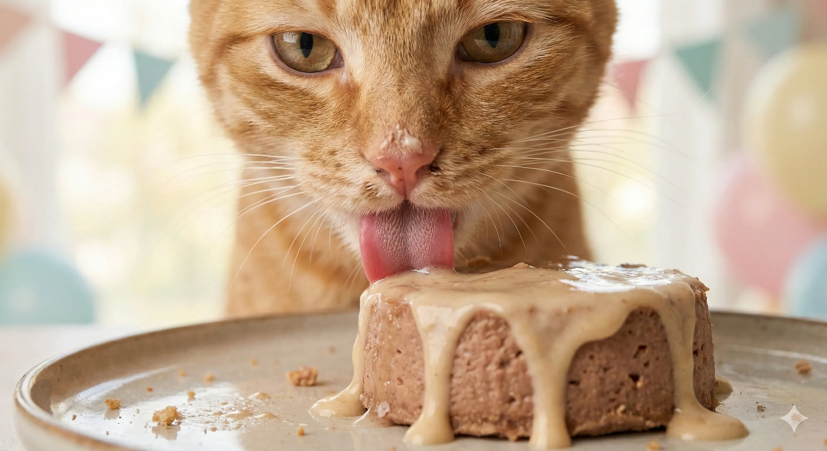 Close-up macro shot of a ginger tabby kitten, approximately 1 year old, licking a soft pate cake. The cake is garnished with a creamy treat drip. The kitten has a tiny bit of food on its nose. The background is a soft bokeh of birthday decorations in pastel colors.