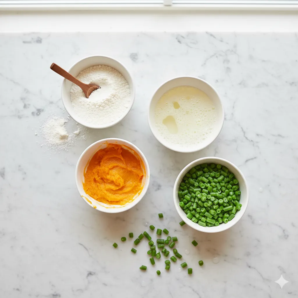 Flat lay photography of dog cake ingredients on a marble countertop. Bowls containing white rice flour, egg whites, pureed pumpkin, and green beans. Clean, clinical but warm aesthetic, soft daylight.