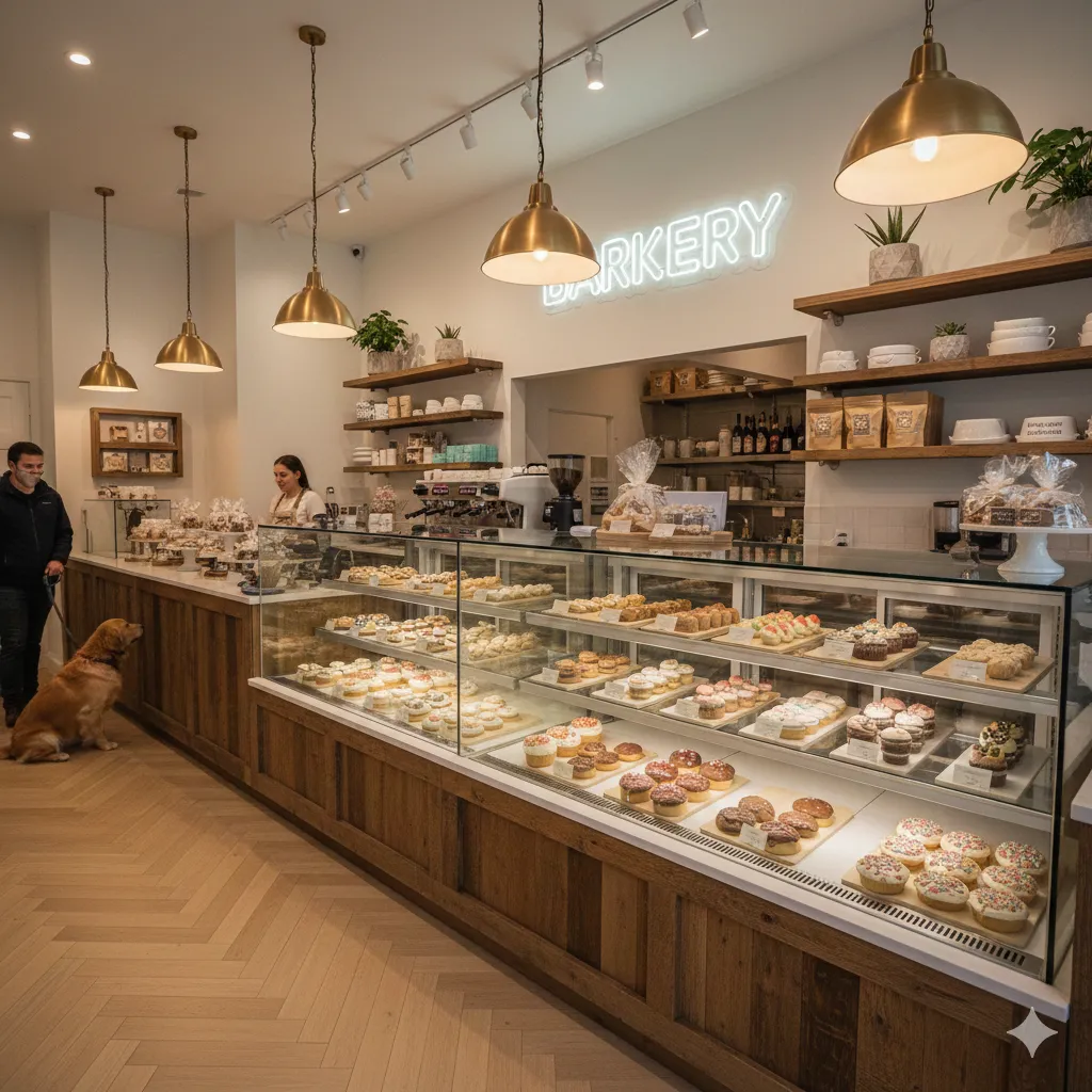 Chic boutique pet bakery interior with glass display cases filled with colorful dog treats, 'Barkery' sign in the background, warm aesthetic, high-end retail lighting