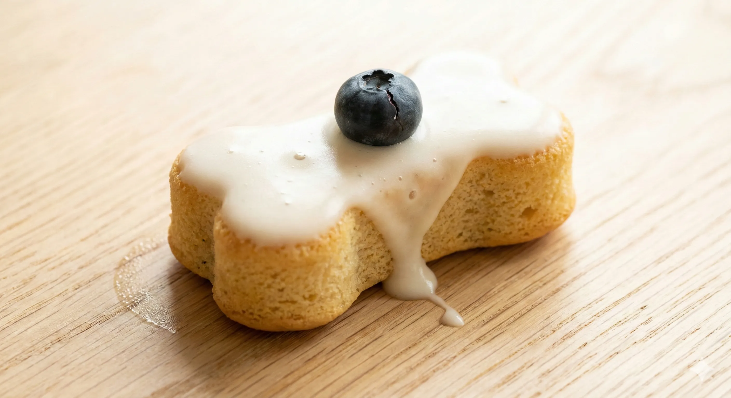 A high-resolution, bright photo of a bone-shaped dog cake on a wooden table. The cake is light in color, topped with a thin layer of fat-free yogurt frosting and a single blueberry. Natural lighting, shallow depth of field, 4k quality.