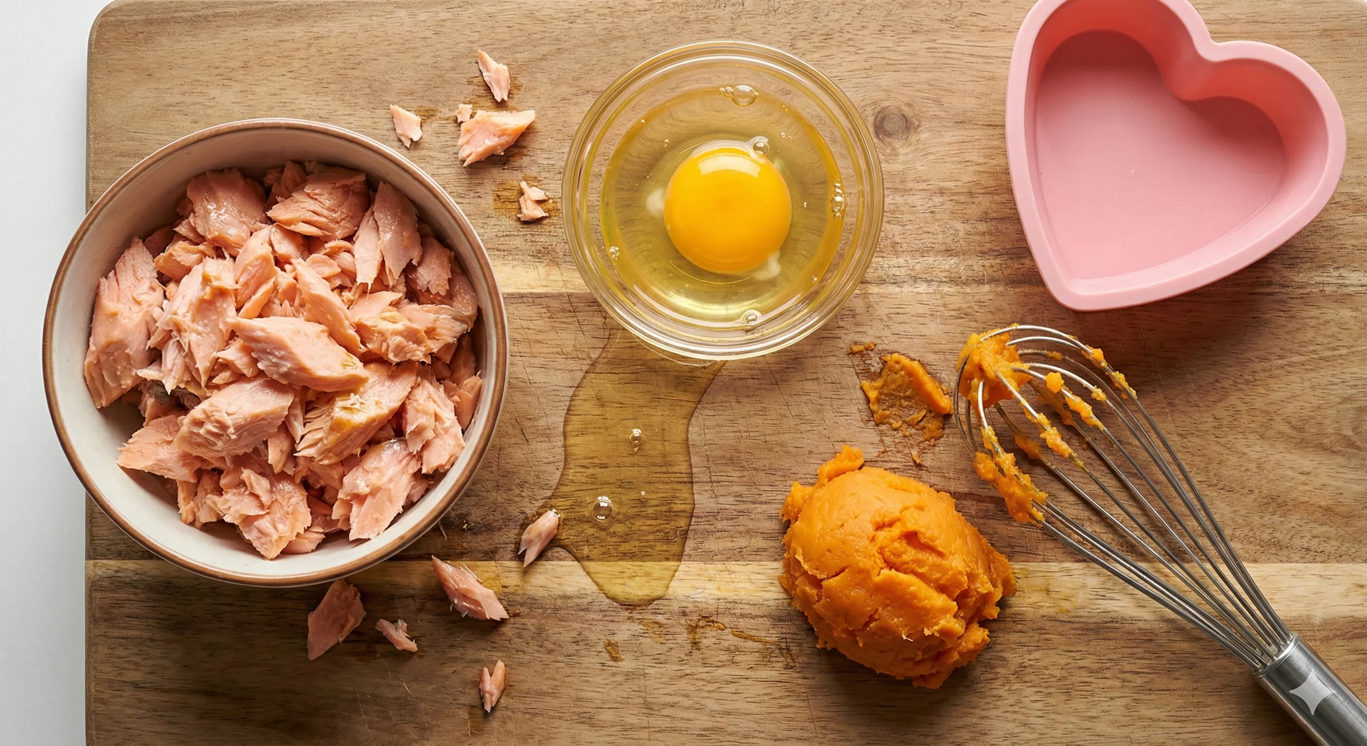 A flat-lay photography style shot of a wooden cutting board. On the board are the ingredients for a cat cake: a bowl of flaked pink salmon, a cracked egg in a small glass bowl, and a mound of mashed sweet potato. A whisk and a heart-shaped silicone mold are off to the side. The lighting is bright and airy.