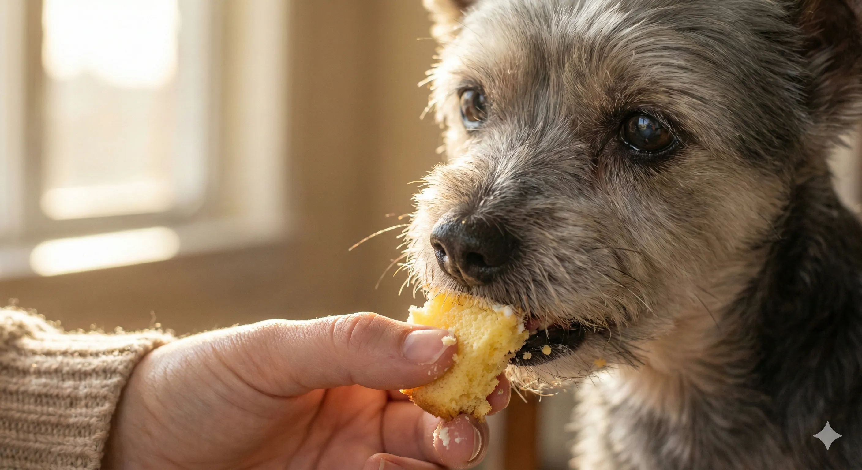 A gentle, close-up shot of an older Golden Retriever with a grey muzzle eating a piece of soft cake from a hand. The dog looks happy but calm. Warm, golden-hour lighting to emphasize the emotional bond.