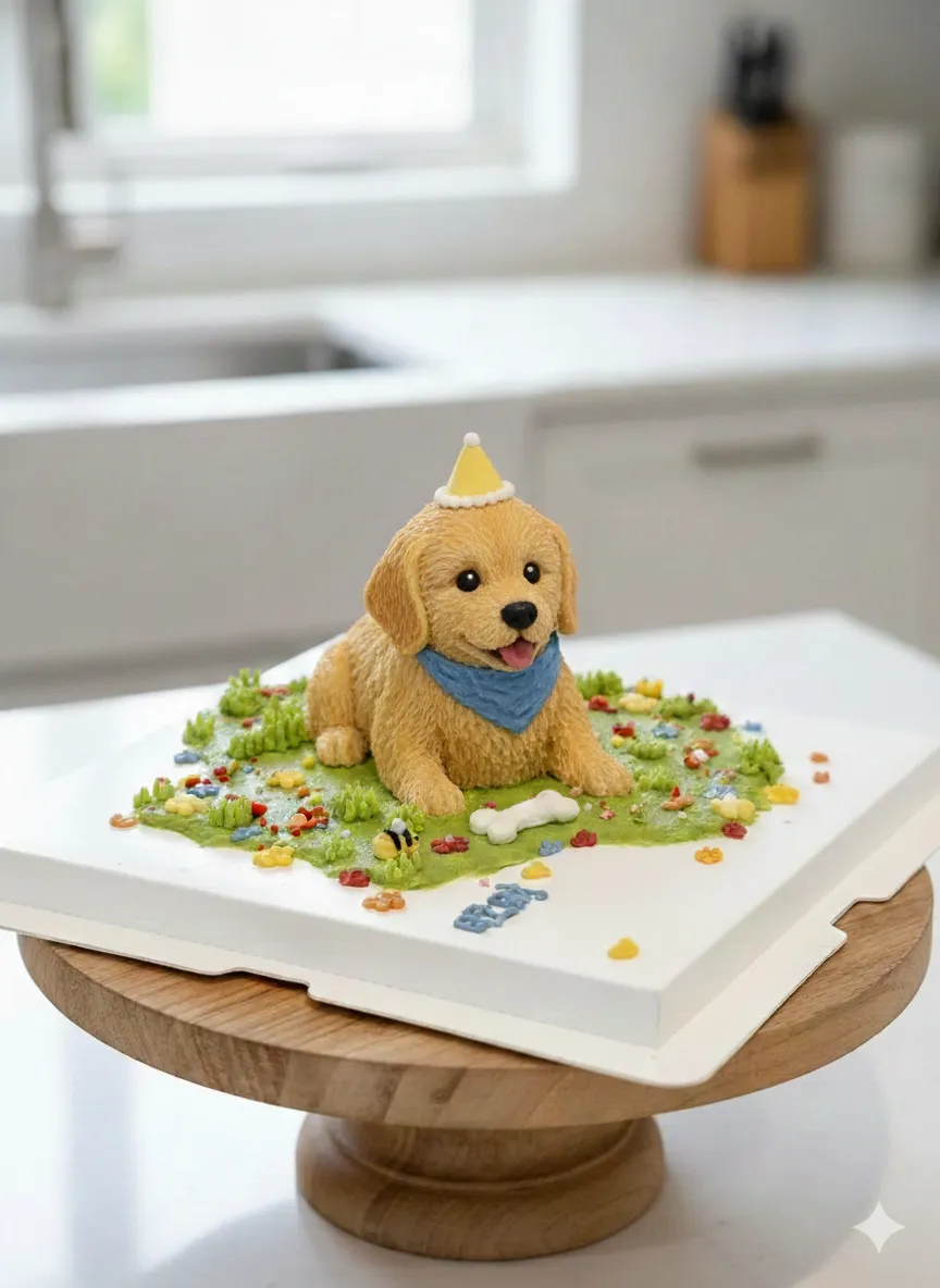 A 3D dog cake sculpted to look like a Corgi, sitting on a wooden cake stand, highly detailed texture, realistic pet-safe icing, 8k resolution.
